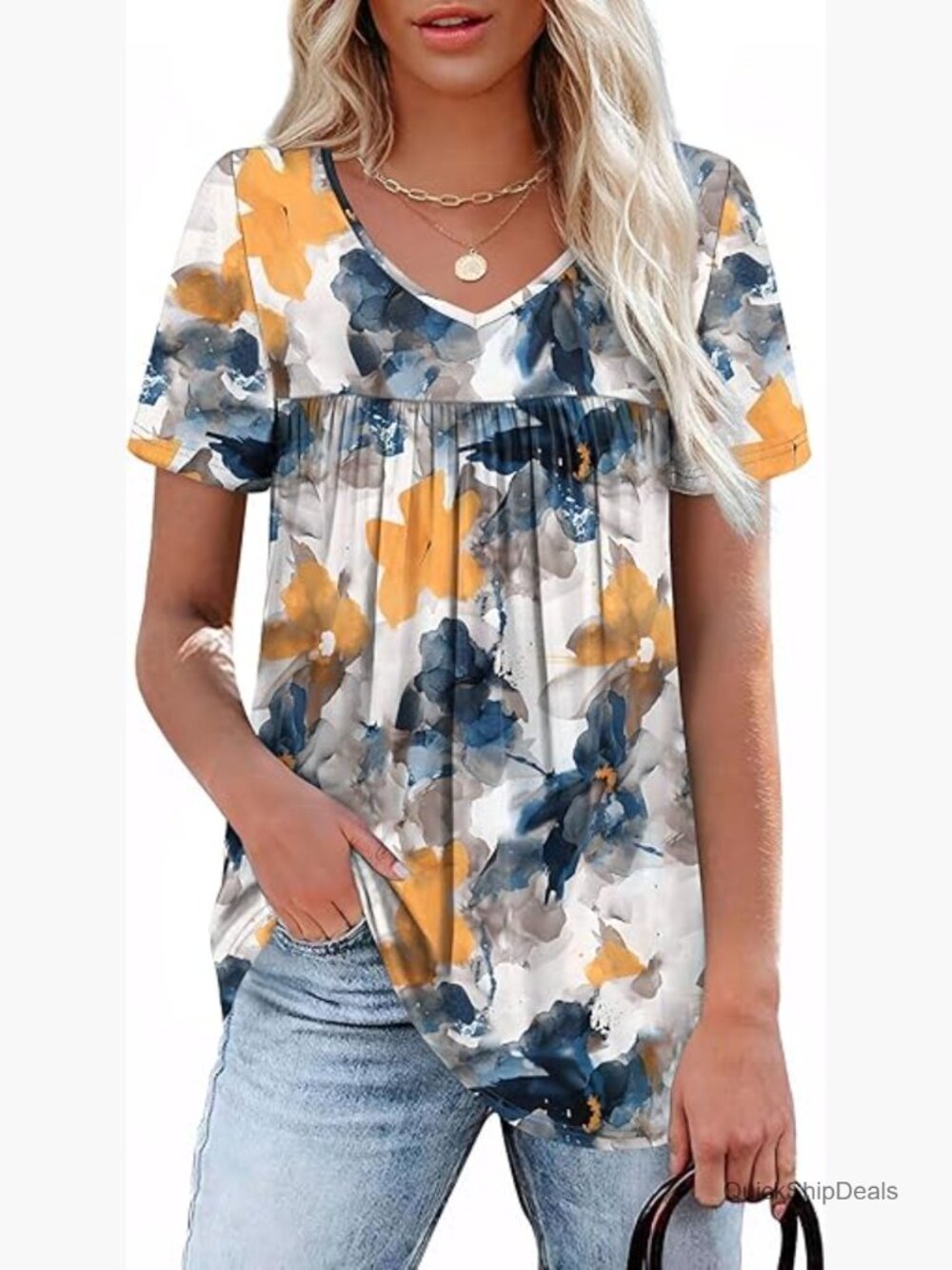 V-Neck Pleated T-Shirt with Bow and Ruffle Trim